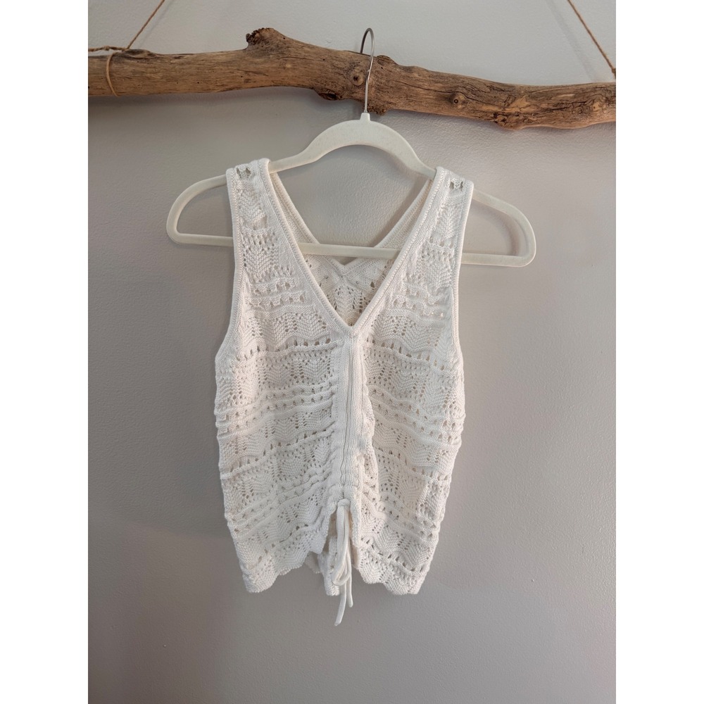 Another Love White Cotton Pointelle Knit Tank Top‎ V-Neck Cinched Hem